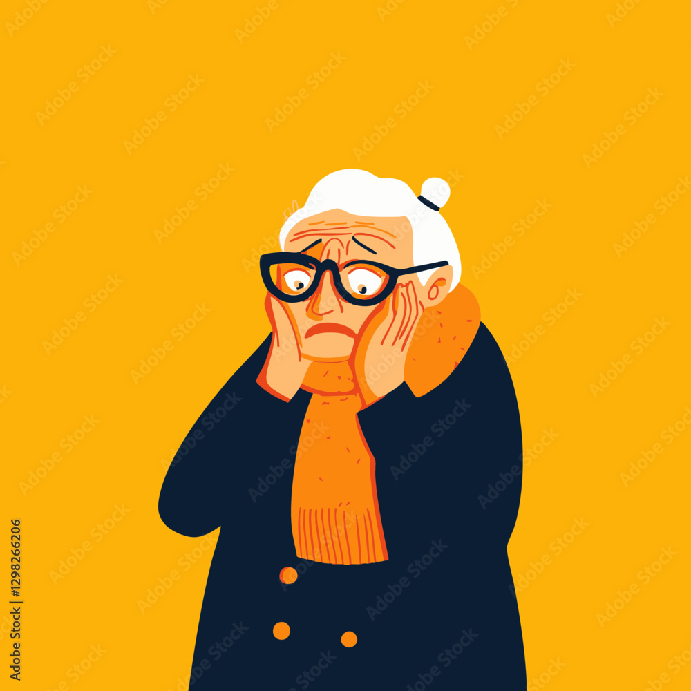 Vector illustration of an elderly woman in glasses, looking worried with a bright yellow background, suitable for conveying emotions. Vector illustration of an elderly woman in glasses, looking worried with a bright yellow background, suitable for conveying emotions.