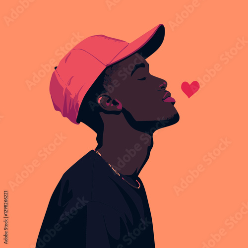 Stylized Vector Illustration of a Young Man in Profile with a Pink Hat and Heart Emblem, Perfect for Love-Themed Projects