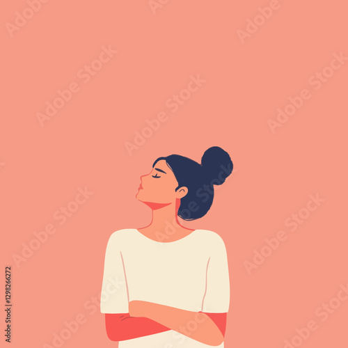 Vector Illustration of a Thoughtful Woman with Dark Hair Against a Soft Coral Background, Perfect for Lifestyle or Wellness Themes