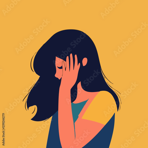 Vector illustration of a woman expressing emotions with a yellow background, suitable for mental health and wellness themes.