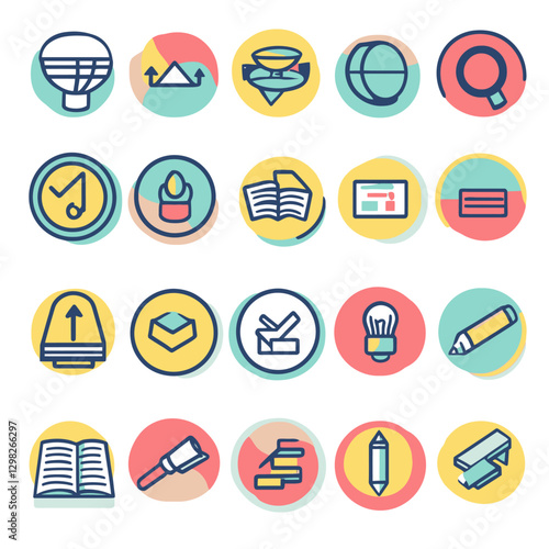 Colorful icon set of office, school and creative tools and equipment