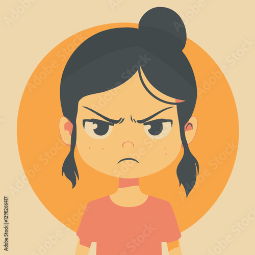 Vector illustration of an angry girl with a serious expression against an orange background, suitable for emotions and character design.