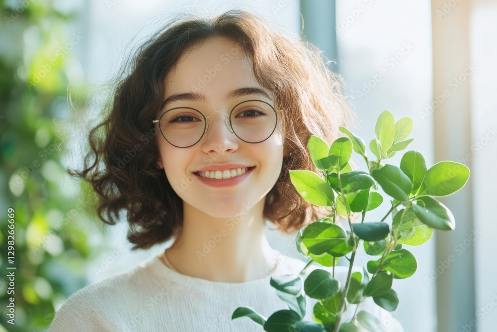 Smiling woman holding plant in bright sunlight Smiling woman holding plant in bright sunlight