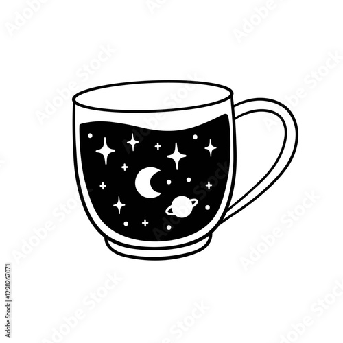 Glass cup of coffee vector illustartion. Magical cup of coffee with stars and moons.