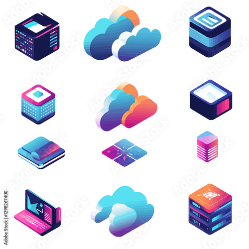 Isometric Cloud Computing Network Data Servers Digital Services Graphics