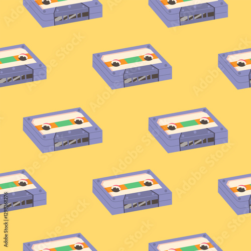 Vintage seamless pattern with 90s music cassettes in lofi style