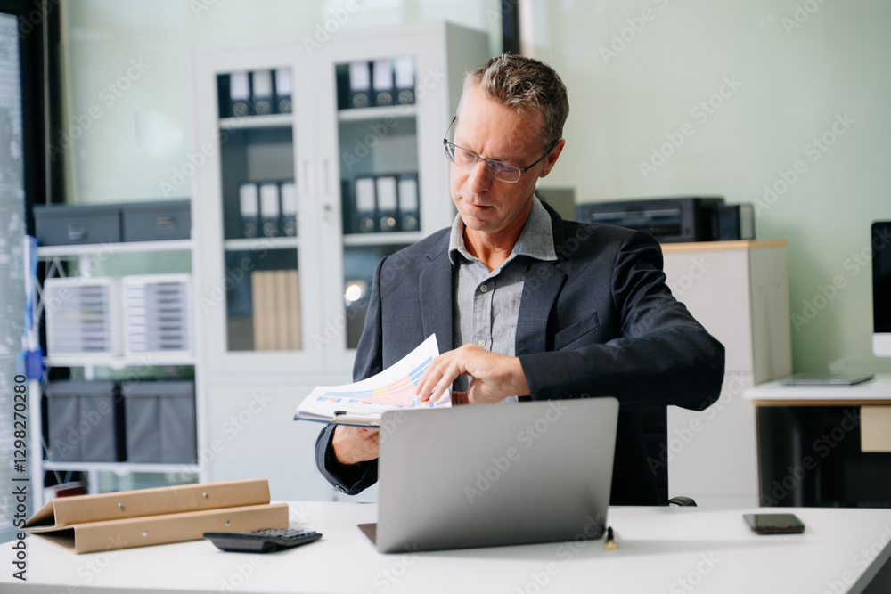 Professional businessman working at office with laptop, tablet, and notes. Perfect for business, finance, accounting Professional businessman working at office with laptop, tablet, and notes. Perfect for business, finance, accounting
