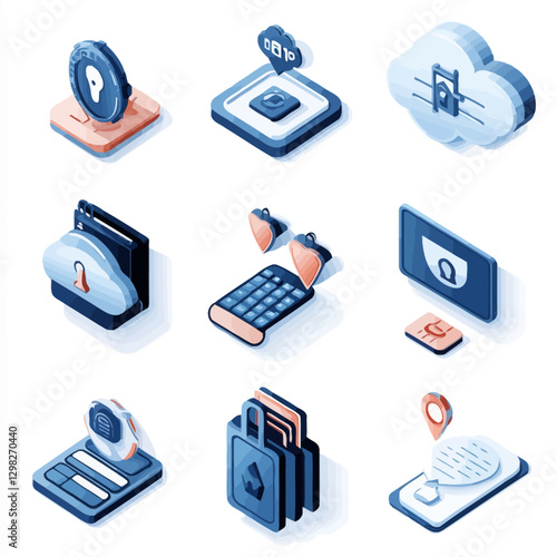 Isometric data security icons featuring cloud, mobile and location data