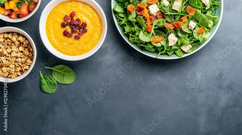 Fresh and Healthy Meal Prep with Colorful Bowls of Salad, Soup and Granola on a Dark Background