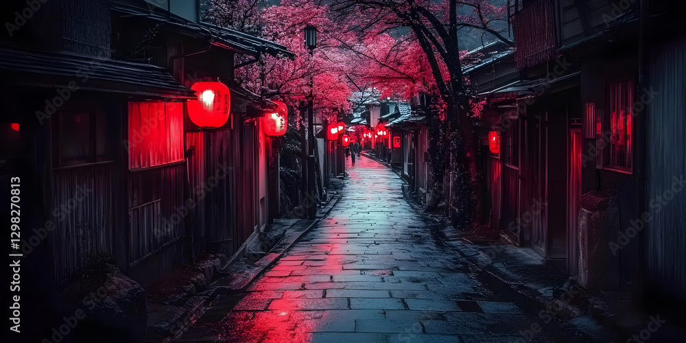 Night Street, Red Lanterns, Cherry Blossoms Night Street, Red Lanterns, Cherry Blossoms