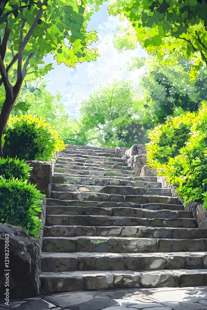 The greenery and light and shadow on the ancient stone steps The greenery and light and shadow on the ancient stone steps