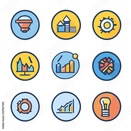 Business and technology icon set showing progress, growth, and strategy