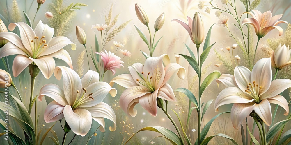 Serene Garden of Delicate Lilies and Gentle Grasses, a Pastel Dream in Bloom Serene Garden of Delicate Lilies and Gentle Grasses, a Pastel Dream in Bloom