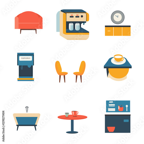 Stylish Furniture Arrangement with Coffee Machines and Tables in Office