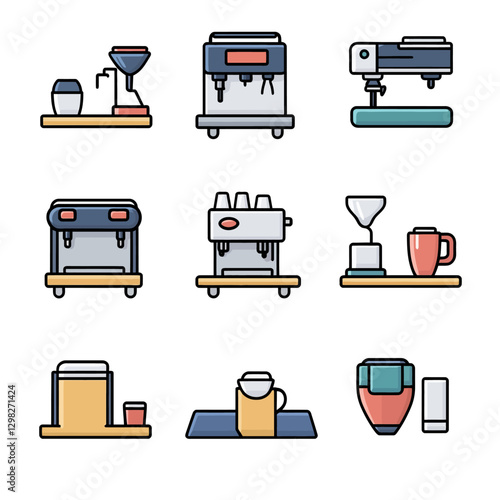 Coffee brewing machines icon set for cafe and restaurant equipment needs