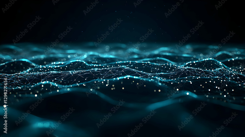 Abstract Digital Wave Formation With Illuminated Particles on Dark Blue Background Representing Network Data Flow Abstract Digital Wave Formation With Illuminated Particles on Dark Blue Background Representing Network Data Flow