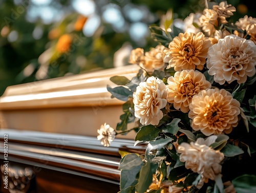 Golden flowers adorn casket outdoors