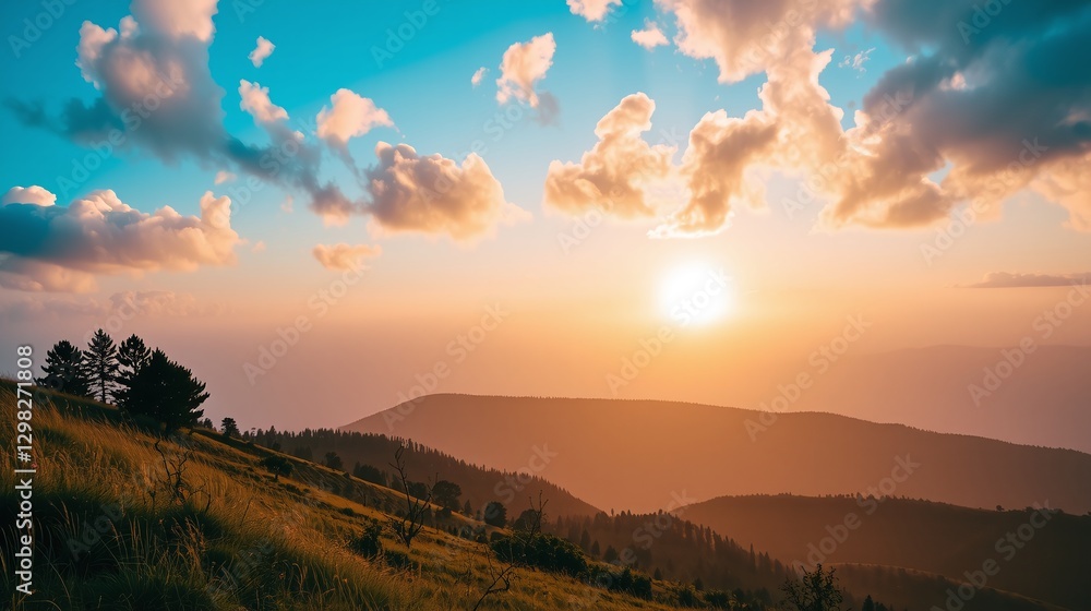 Obraz premium Majestic sunset illuminates serene mountainous landscape.