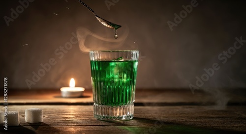 Green drink with sugar cubes and candlelight, creating cozy atmosphere photo