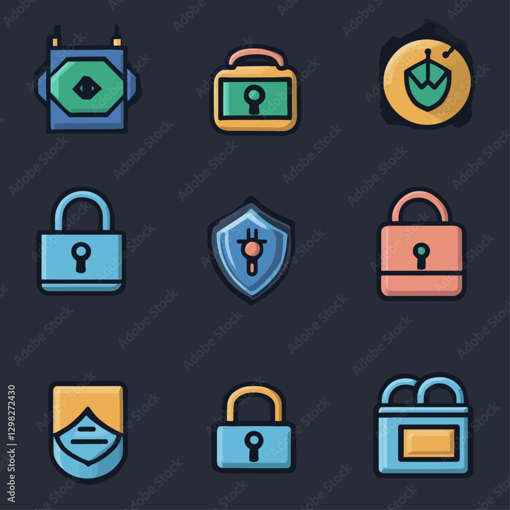 Security Icons Set: Padlocks and Shields for Digital Protection Concept