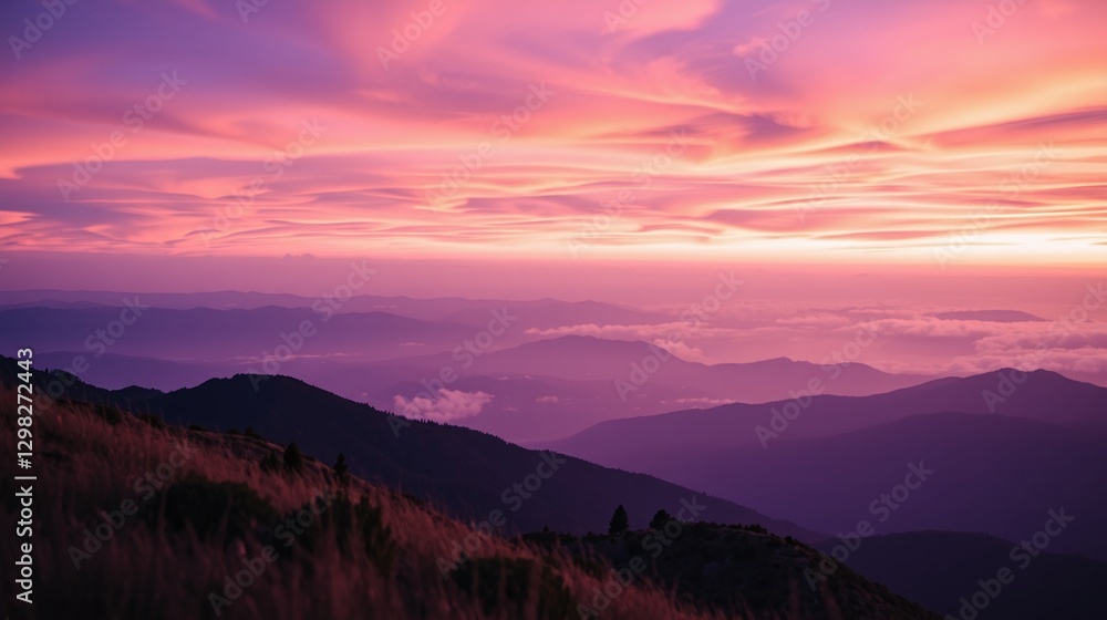 Fototapeta premium Ethereal sunset illuminates the distant mountain ranges.