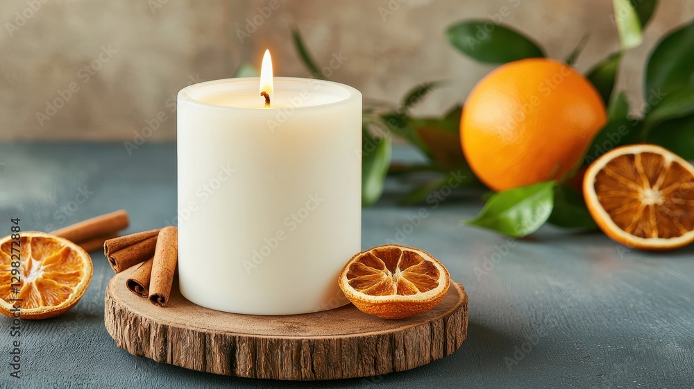 White Candle with Cinnamon Sticks and Dried Orange Slices on Wooden Plate with Fresh Orange and Green Leaves White Candle with Cinnamon Sticks and Dried Orange Slices on Wooden Plate with Fresh Orange and Green Leaves