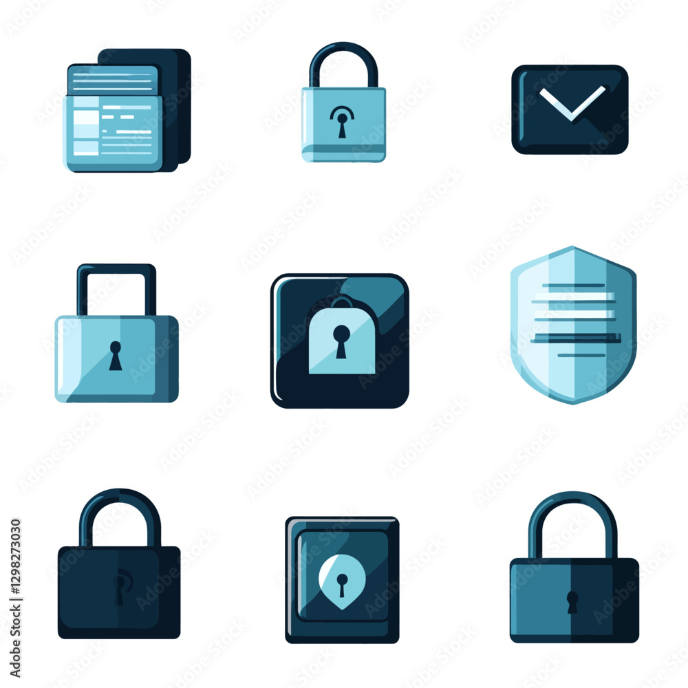 Security Icons Set: Padlocks, Shield, Data Cards, for Data Protection Security Icons Set: Padlocks, Shield, Data Cards, for Data Protection