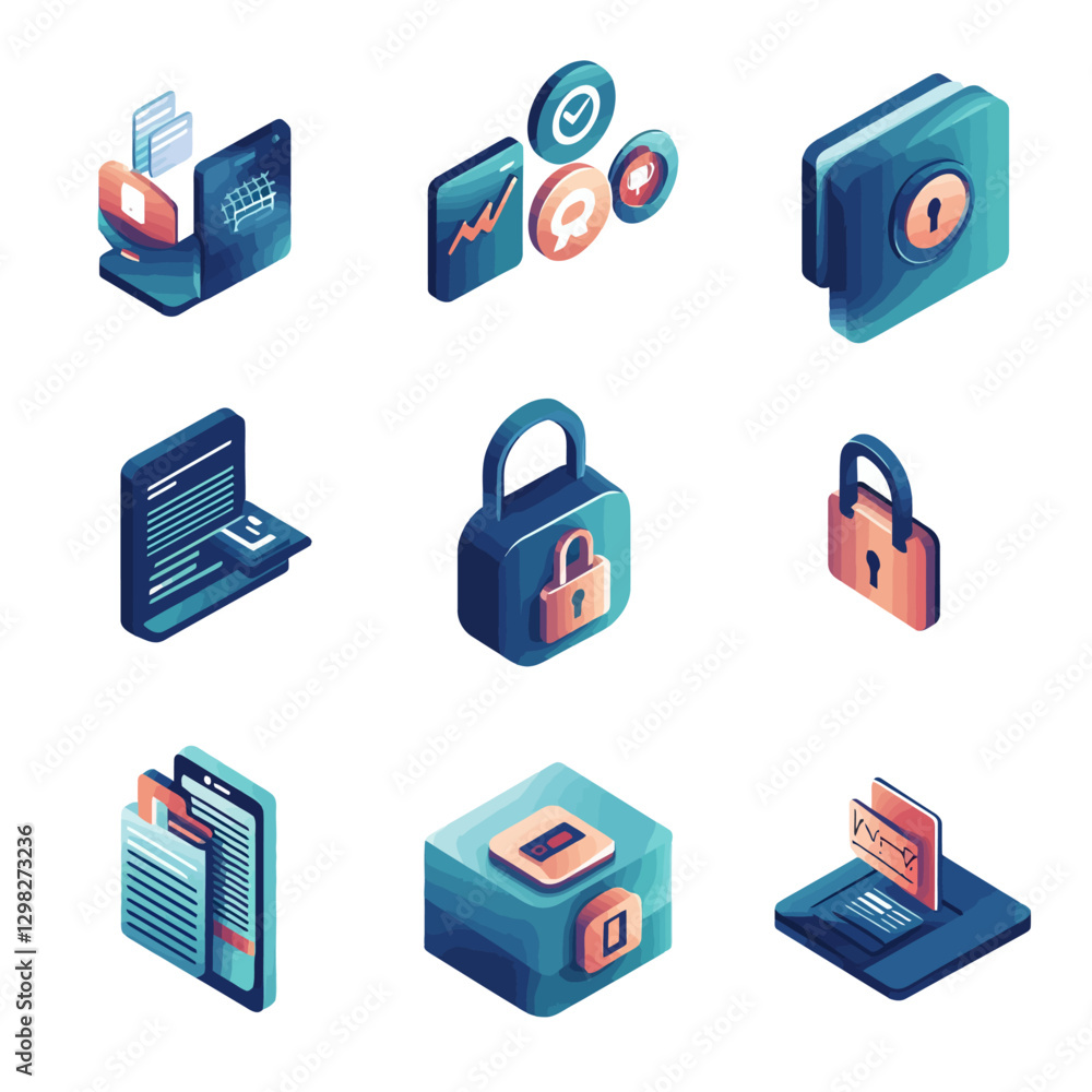 Isometric Data Security and Management Icons for Modern Tech Solutions Isometric Data Security and Management Icons for Modern Tech Solutions