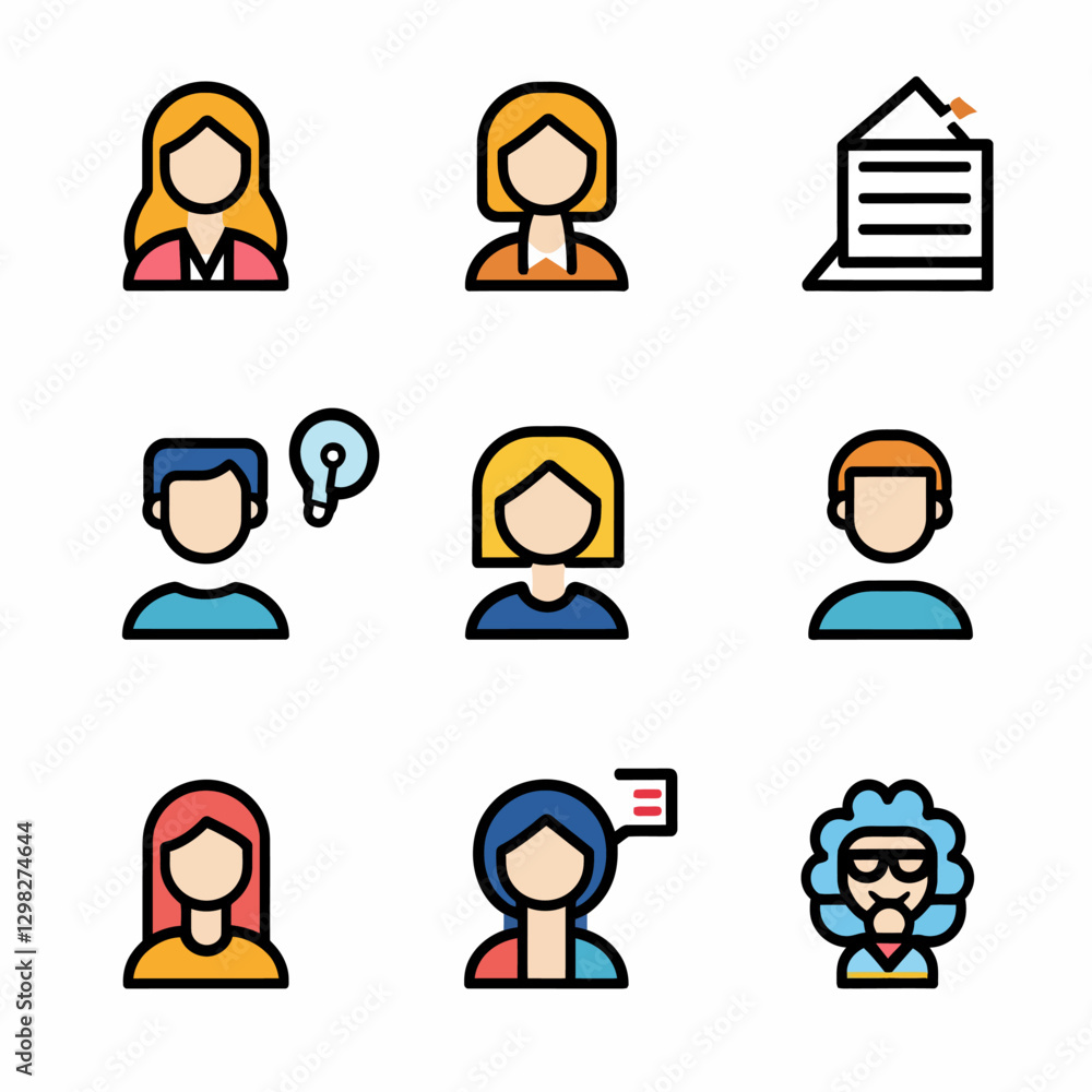 Diverse Avatar Icons Set: Business People, Document, Idea, and Communication Diverse Avatar Icons Set: Business People, Document, Idea, and Communication