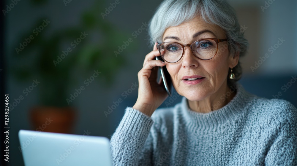 senior woman on phone with laptop senior woman on phone with laptop