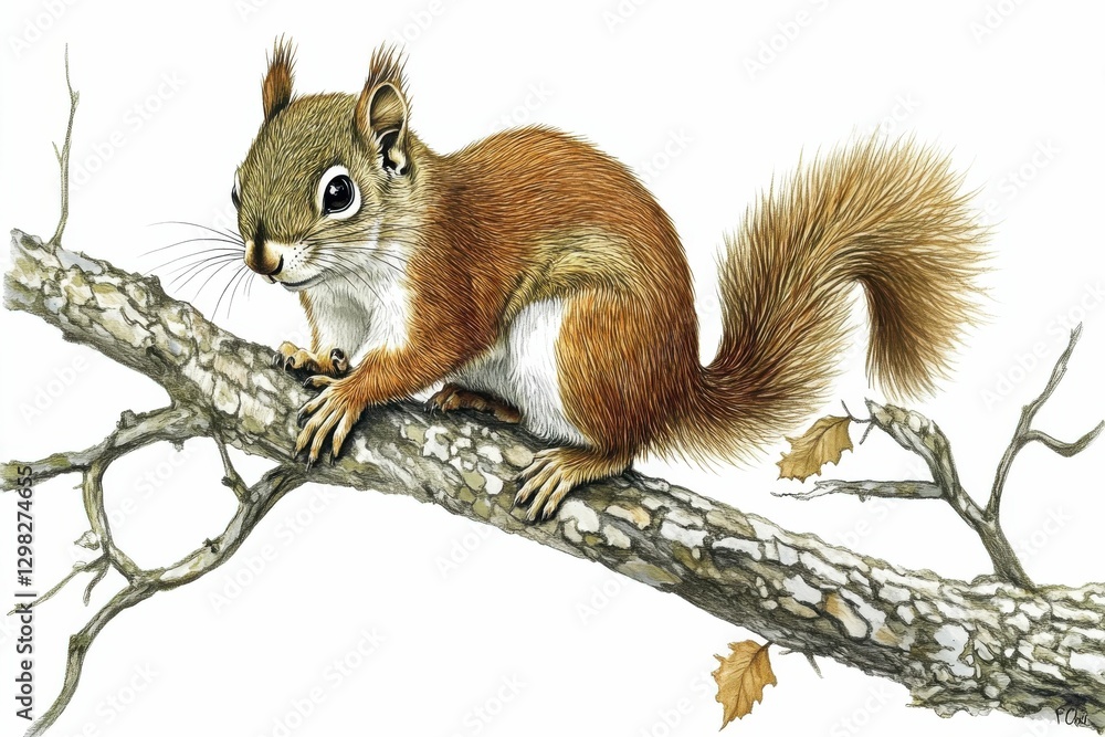 Obraz premium American Red Squirrel. Cute Furry Rodent on Green Tree Branch