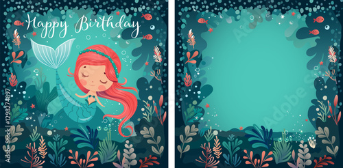 Cute little mermaid with red hair swimming underwater among corals and fish. Fantasy sea world illustration in fairy tale style. Birthday card template