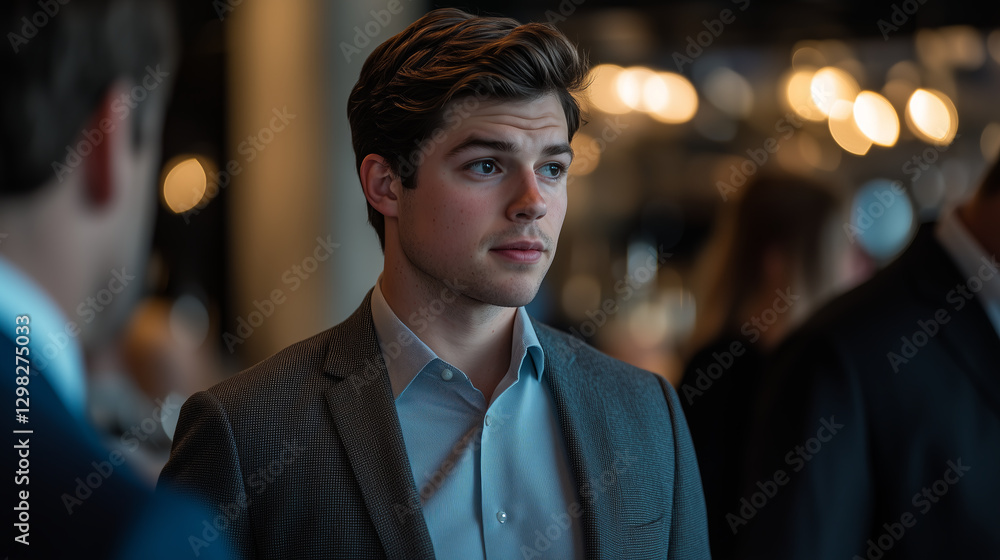 Obraz premium Young professional at networking event, looks thoughtful while in conversation positive business interactions
