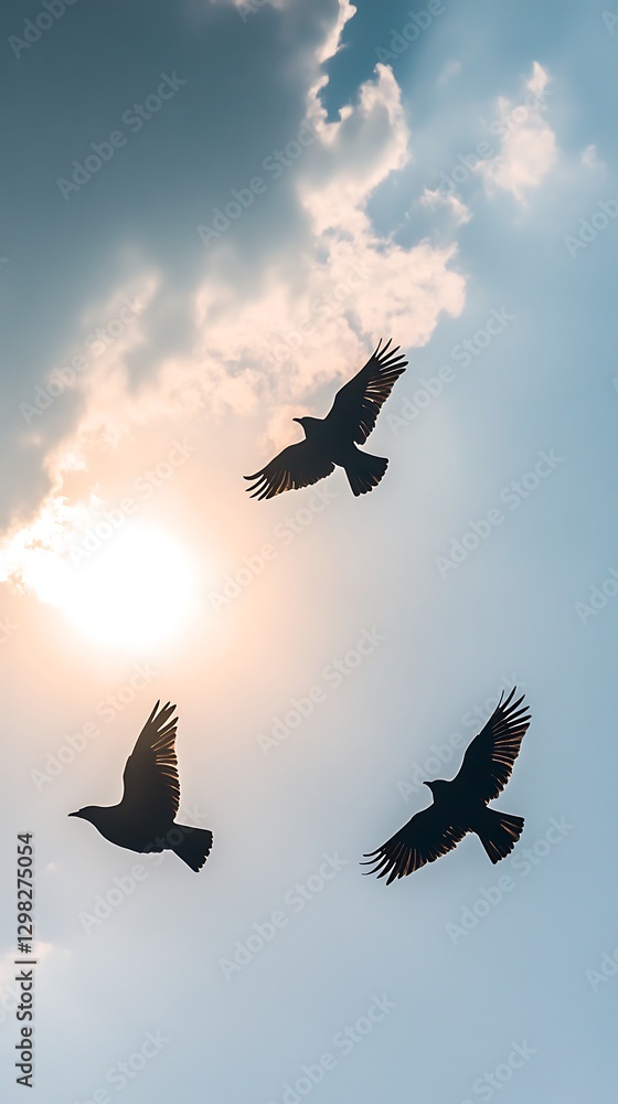 Fototapeta premium Three birds soar through a partly cloudy sky