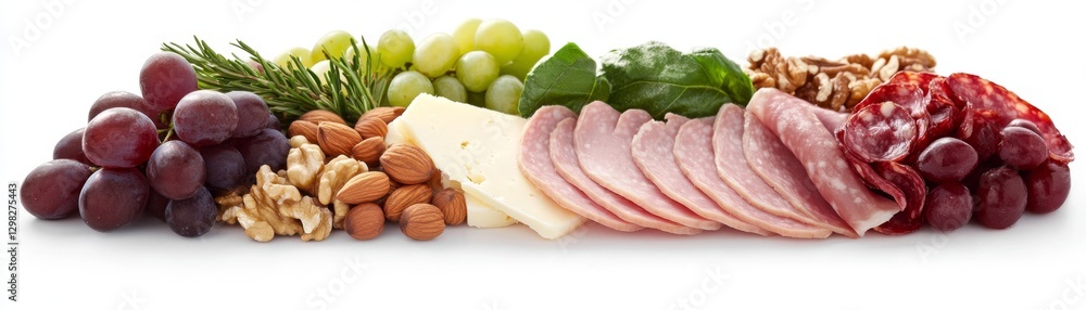 Fresh Fruits and Cheeses with Nuts and Salami on Wooden Table Fresh Fruits and Cheeses with Nuts and Salami on Wooden Table
