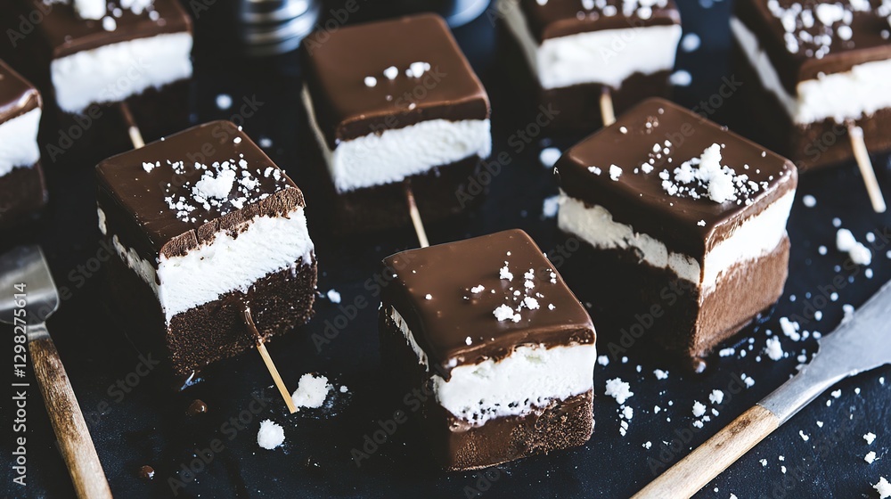 Obraz premium bitten chocolate-dipped ice cream sandwich on a black slate