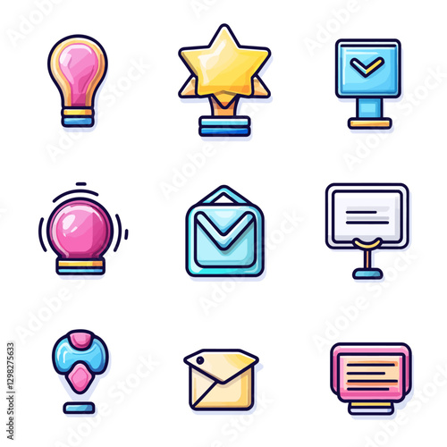 Icons featuring a lightbulb, trophy, email, and more on a white background