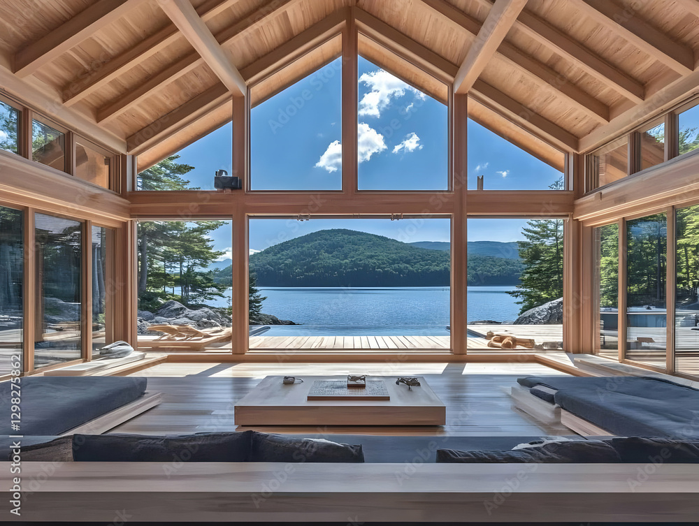 Fototapeta premium Lake View Modern Cabin Interior Illustration