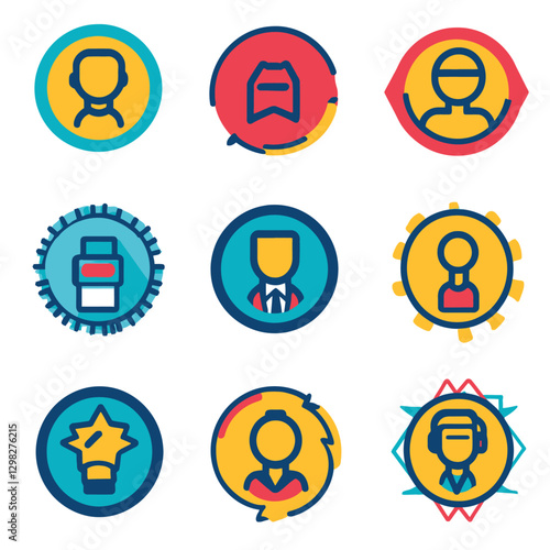 Set of nine unique user avatars, profile icons, vector illustrations