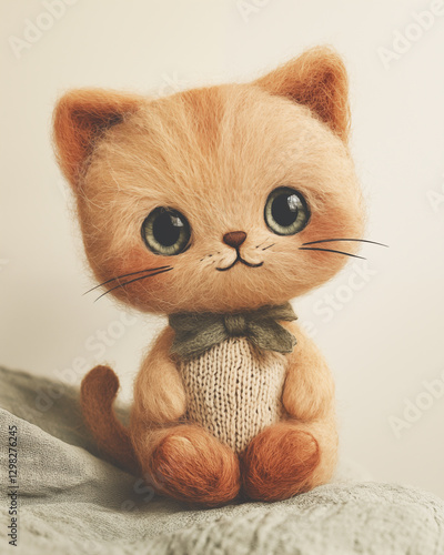 Toy cute woolly kitten with a bow around his neck, retro style photo