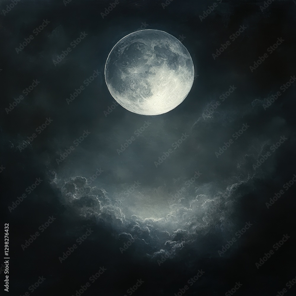 A luminous full moon hangs majestically in the night sky, casting a soft, silvery glow over the landscape, illuminating clouds that drift lazily across the starry backdrop. A luminous full moon hangs majestically in the night sky, casting a soft, silvery glow over the landscape, illuminating clouds that drift lazily across the starry backdrop.