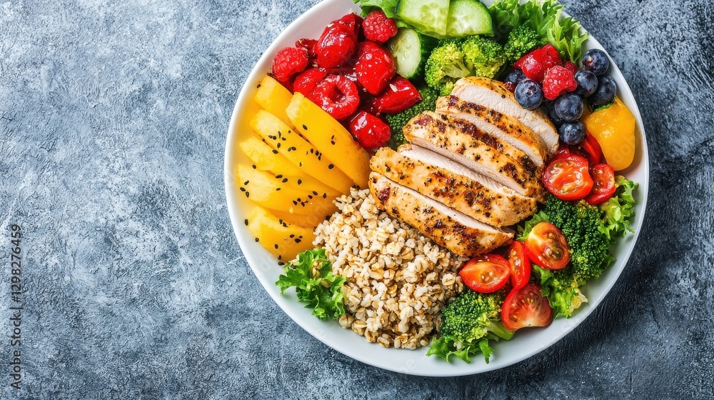 Fresh Grilled Chicken Salad with Colorful Berries and Healthy Greens on Rustic Plate Fresh Grilled Chicken Salad with Colorful Berries and Healthy Greens on Rustic Plate