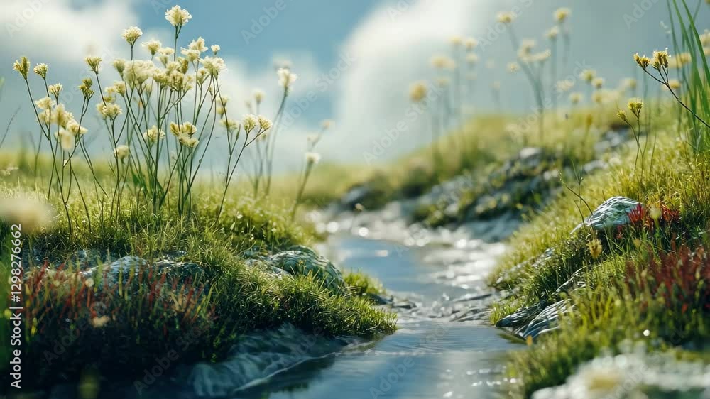Cinematic tilt shot capturing the serene creek surrounded by lush plants and wildflowers, Cinematic tilt shot of creek and plants Cinematic tilt shot capturing the serene creek surrounded by lush plants and wildflowers, Cinematic tilt shot of creek and plants