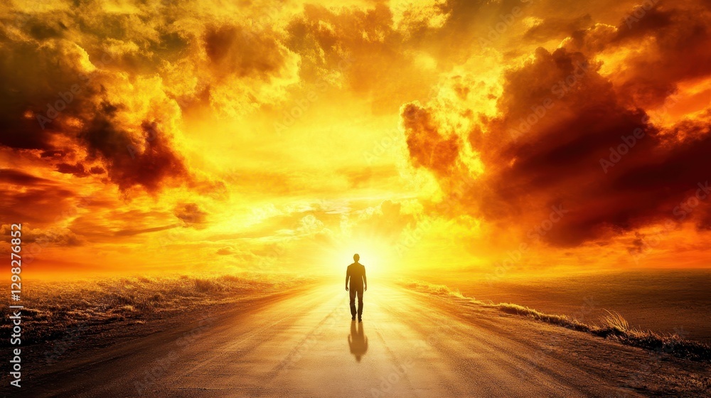 Fototapeta premium A lone figure walks towards a vibrant sunset, surrounded by dramatic clouds and a reflective road, symbolizing hope and new beginnings.