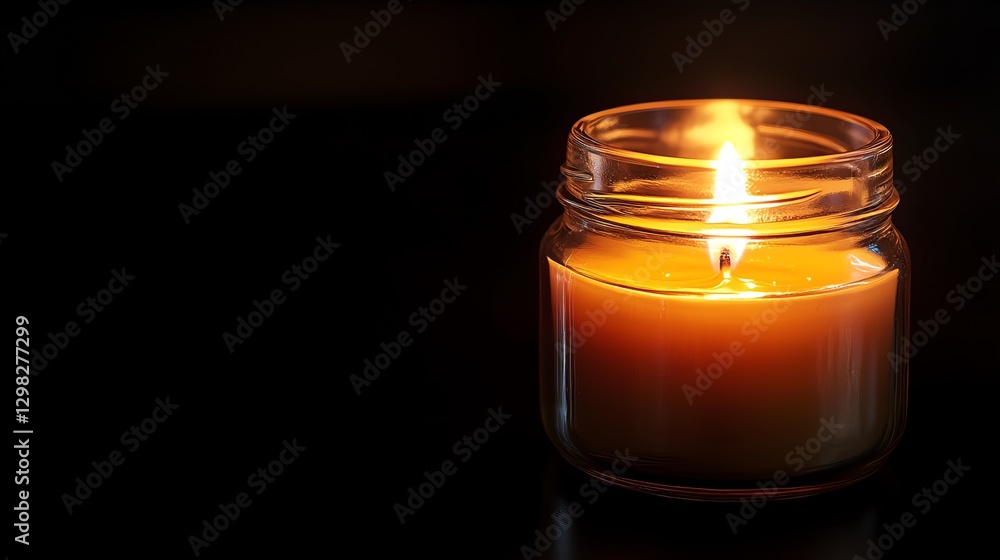 A scented candle in a glass jar with a flickering flame on a black background A scented candle in a glass jar with a flickering flame on a black background