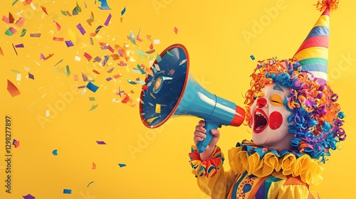 A clown in a bright, multicolored wig and vivid party hat is yelling into a blue megaphone, releasing a stream of colorful confetti, setting a cheerful and energetic mood ideal for April Fool's Day an photo