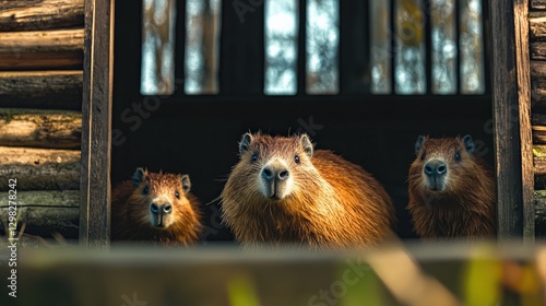 Three inquisitive otters emerge from a rustic wooden shed, displaying their playful nature and charming features while exploring their surroundings.