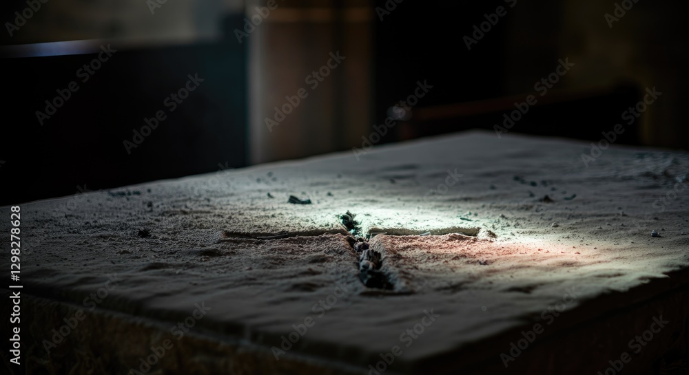 Light shining on dusty altar in dimly lit room Light shining on dusty altar in dimly lit room