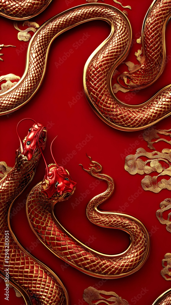 Golden Dragons on Red 3D Illustration Golden Dragons on Red 3D Illustration