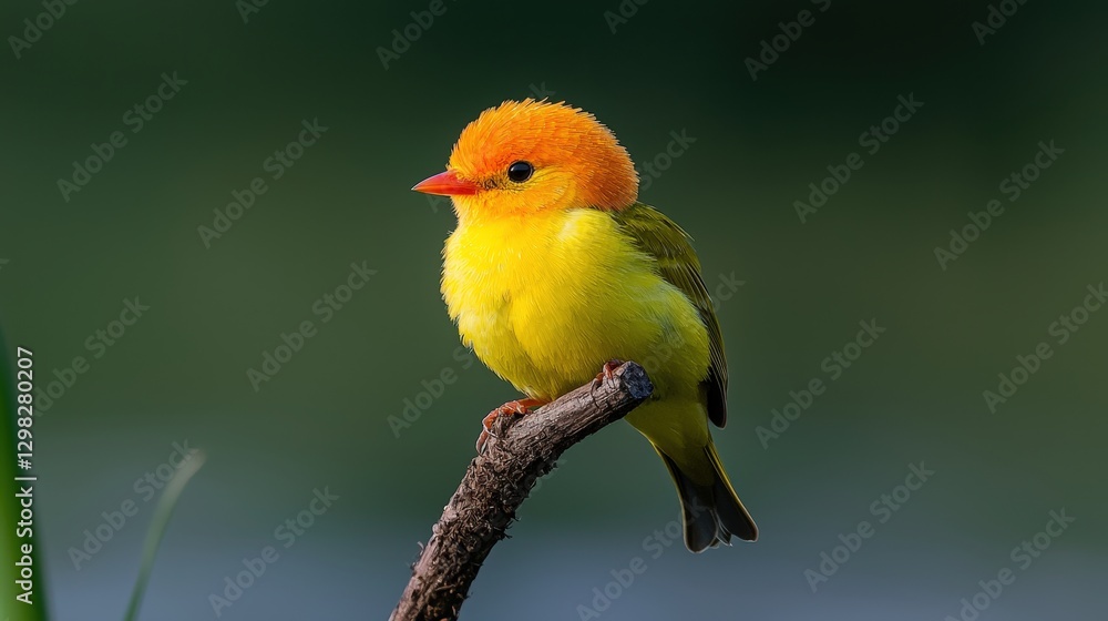 Small bird perched on branch against muted green backdrop, looking left, sunlight Small bird perched on branch against muted green backdrop, looking left, sunlight